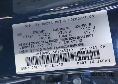 2021 Mazda Mazda3 Preferred z USA, uszkodzony, nr VIN JM1BPBLL5M1345319